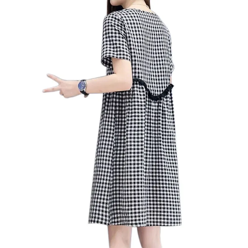 Женское летнее платье-туника в клетку с коротким рукавом и высокой талией S-3XL |