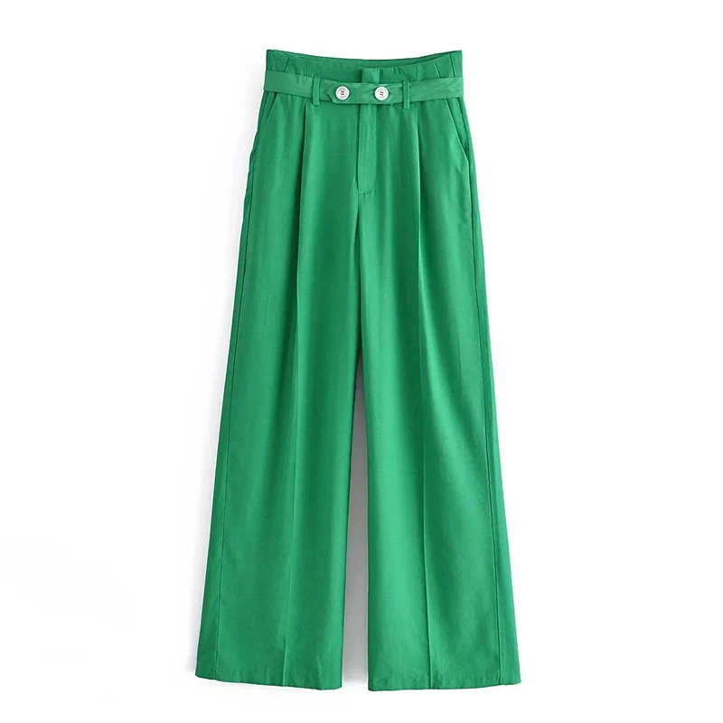 

Женские широкие брюки za с поясом на пуговицах, винтажные зеленые брюки с высокой талией и карманами, шикарные штаны на молнии, 2021