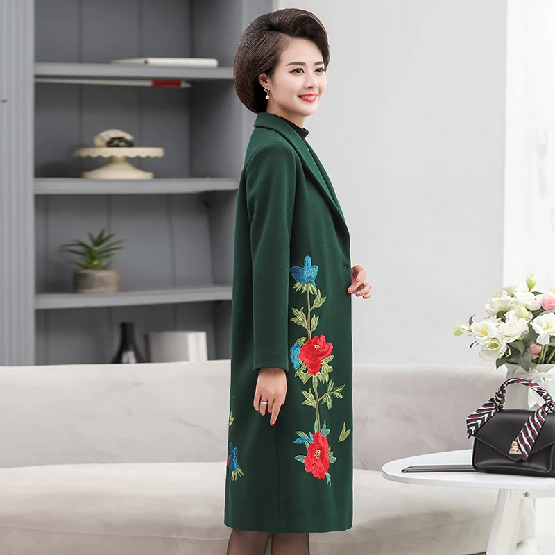

2019 New Women's Embroidered Woolen Coat Plus Size Women Slim Long Chinese Style Winter Wool Stylish Coat V-neck 5XL
