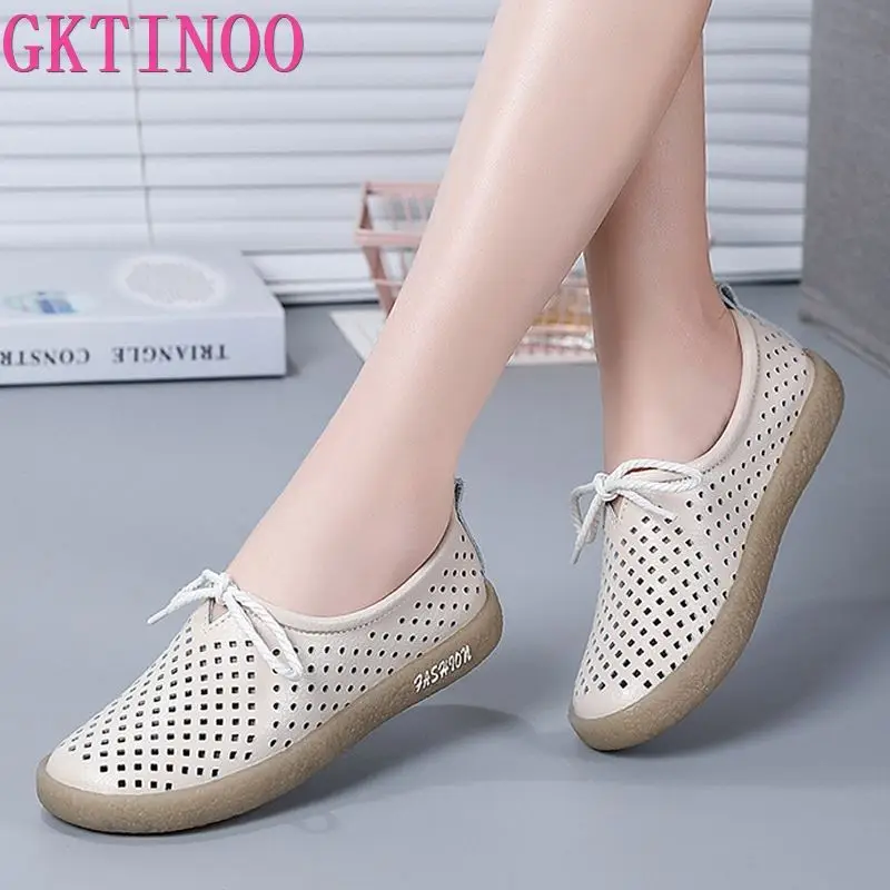 

GKTINOO New Breathable Genuine Leather Summer Shoes Woman Flats Hollow Comfortable Ladies White Loafers Soft Casual Shoes