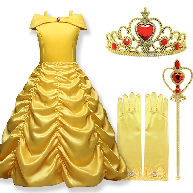 

Красивое и чудовище, платья принцессы Белль для девочек, женская одежда на день рождения, платье для маленьких девочек, Магическая корона, костюм для косплея