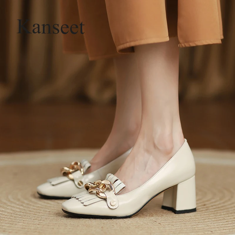 

Туфли Kanseet женские, Новинка осени 2021, туфли-лодочки из натуральной кожи с украшением цепочкой, вечернее платье ручной работы, обувь на высоко...