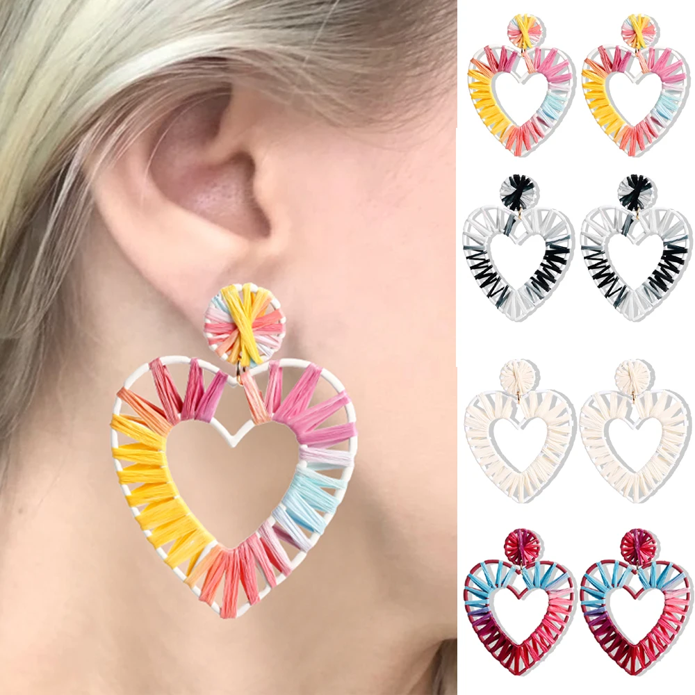 

HOCOLE Bohemian Big Heart Woven Earrings For Women Oversize Hollow Statement Raffia Rattan Hanging Drop Earring 2019 Jewelry
