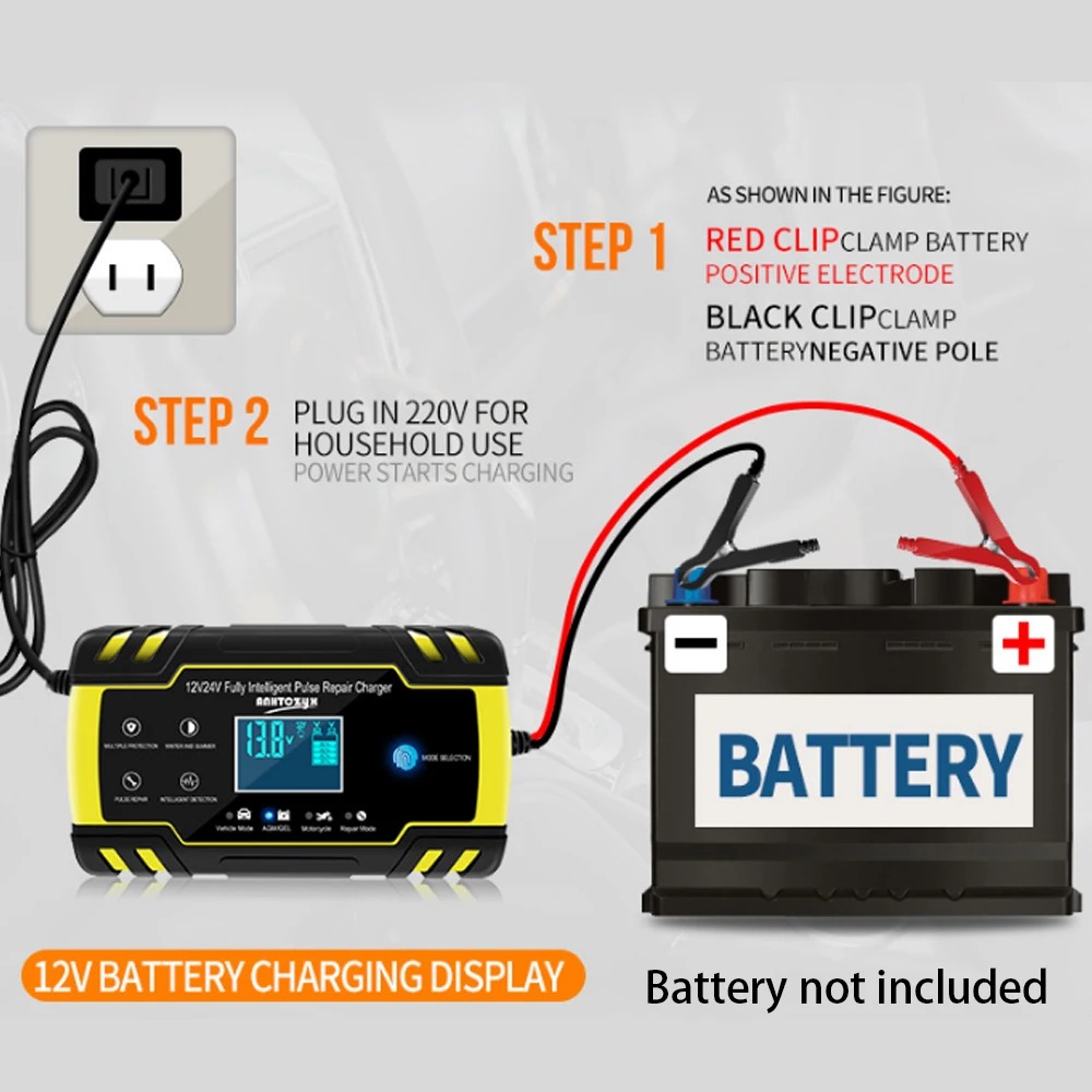 Car AGM Charger 12/24V 3-stage LCD Touch Screen Pulse Motorcycle Lead Acid Battery Repair Type Gel Wet Yellow | Автомобили и
