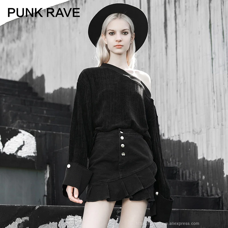 

PUNK RAVE Girl's Long Sleeved Inclined Shoulder Pullover with Huge Cuffs Gothic Personality Casual Women Black Sweatshirts