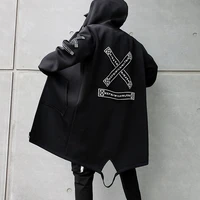 2021 autumn men hooded jackets print harajuku windbreaker ribbon overcoat male casual outwear hip hop streetwear coats