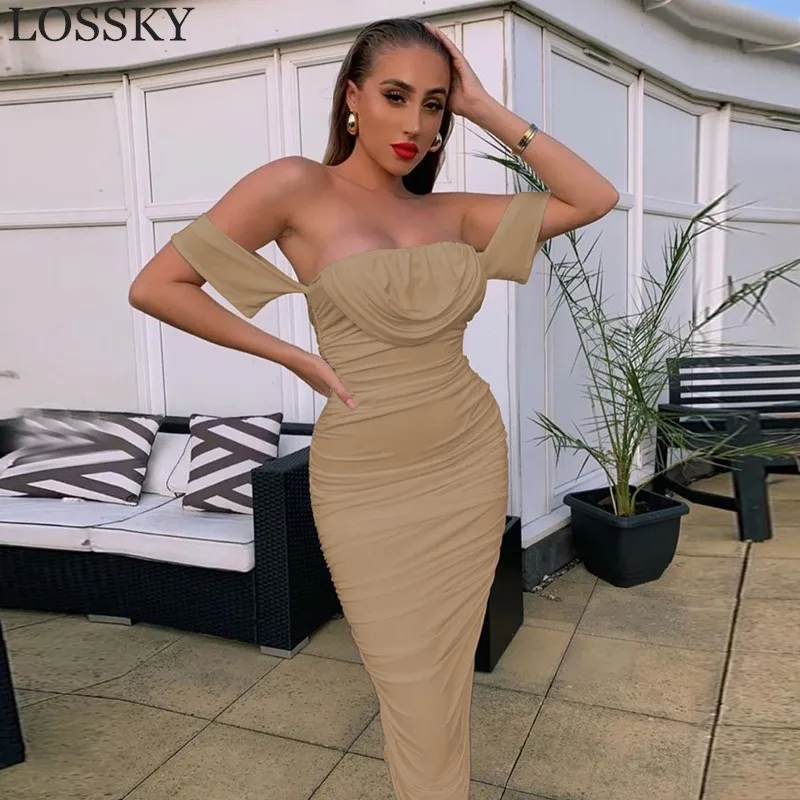 

2020 Summer Sexy Off Shoulder Bodycon Women Midi Dress Slash Neck Ruched Red Black Slim Elegant Party Club Dress Vestidos Robe