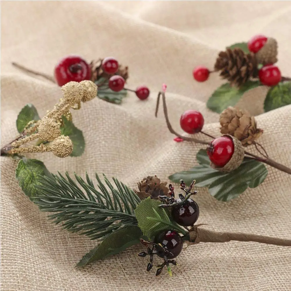 

5Pcs/Set Artificial Flower Red Christmas Pine and Berry with Xmas Party Branches Picks Holly Floral Holiday Decoration Cone