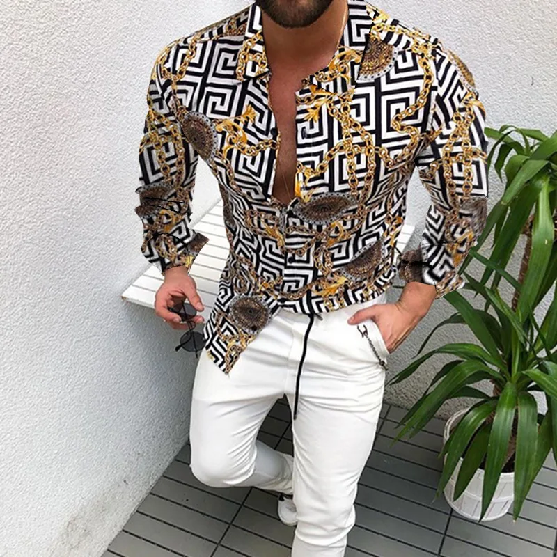 

Men Clothing Shirt Men New Fashion Personality Print Long Sleeve Shirts Mens Casual Plus Size Flower Beach Hawaiian Shirt