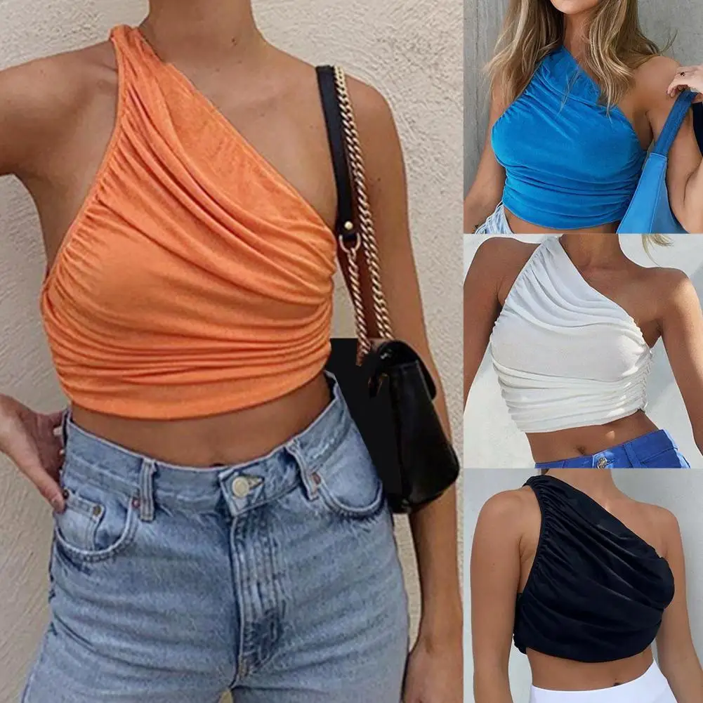 

75% Hot Sales!!! T-shirt Sleeveless Single Shoulder Solid Color Summer Pleated Vest for Women