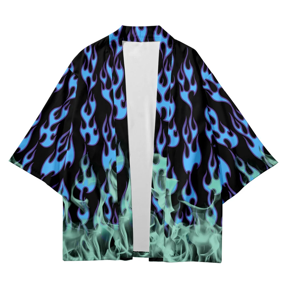 

Plus Size 6XL Blue Flame China Harajuku Japanese Style Sets Fashion Kimono Men Women Cardigan Haori Obi Asian Clothes Pants Suit