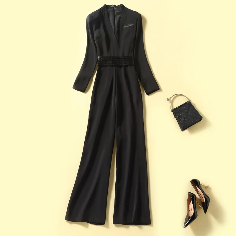 Top Quality New Fashion Jumpsuits 2021 Autumn Winter Runway Women V-Neck Chest Pocket Deco Long Sleeve Full Length Jumpsuit XL