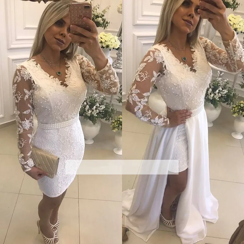 

Белое платье для выпускного вечера с V-образным вырезом и длинными рукавами