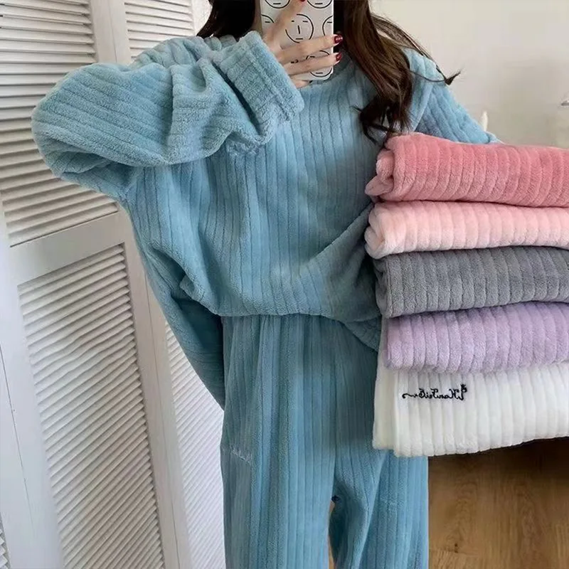 

2021 Hot Women Winter Flannel Pajama Set Long Sleeve Striped Loungewear Loose Elastic Waist Thick Warm Sleepwear Home Clothing