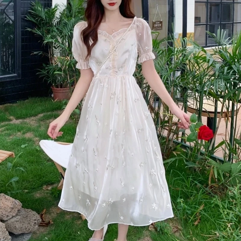 

Summer Mesh Embroidery Party Dress Women Short Puff Sleeve V Neck Elegant Midi Dresses Female Evening Sweet Vintage Dress