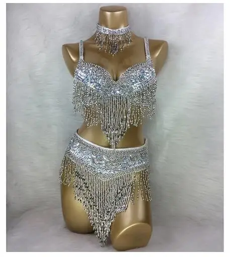 Оптовая продажа, костюм для танца живота, 3 шт./комплект (бюстгальтер + пояс + ожерелье), золотистый и серебристый, белый цвет