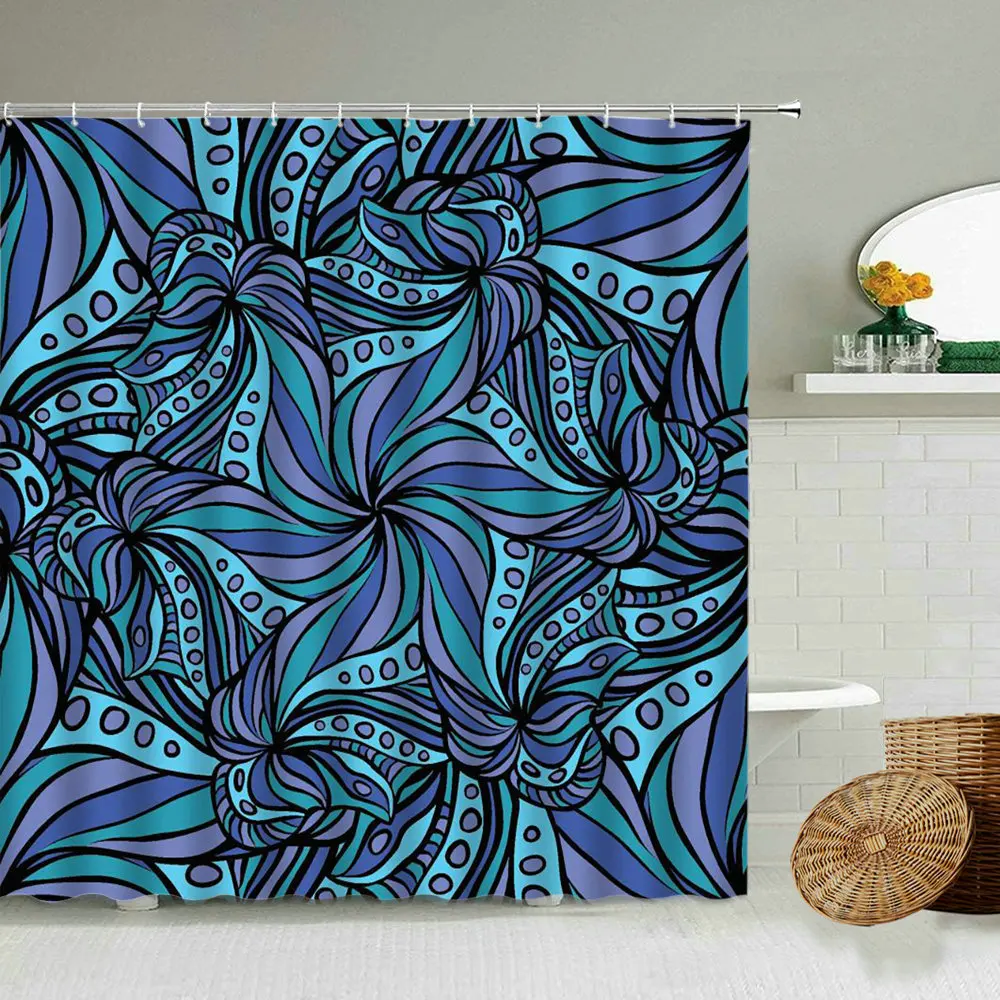 

Retro Abstract Colorful Striped Shower Curtain Blue Ethnic Art Bathroom Waterproof Polyester Curtains Home Decoration With Hook