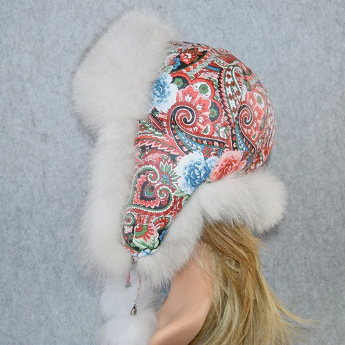 natural fox white 1 Женская шапка из натурального Лисьего меха, зимняя шапка-ушанка, шапка-бомбер, шапка для русской снежной погоды, Толстая теплая меховая шапка из натуральной кожи для девочек - Цвет: natural fox white 1