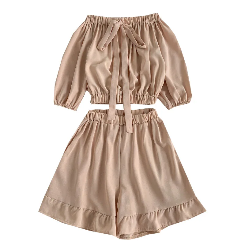 

Fitaylor Summer Women Fashion Two Piece Set Casual Lace Up Bow Tops + Elastic Waist Ruffles Shorts Office Lady Solid Color Sets
