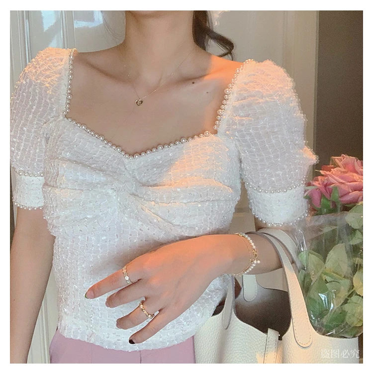 Женские винтажные блузки с жемчугом квадратным вырезом и кружевом | Женская