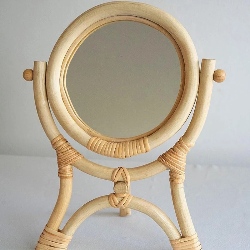 

Rattan Innovative Art Decoration Round Makeup Mirror Dressing Bathroom Wall Hang Rattan Dressing Table Makeup Mirror