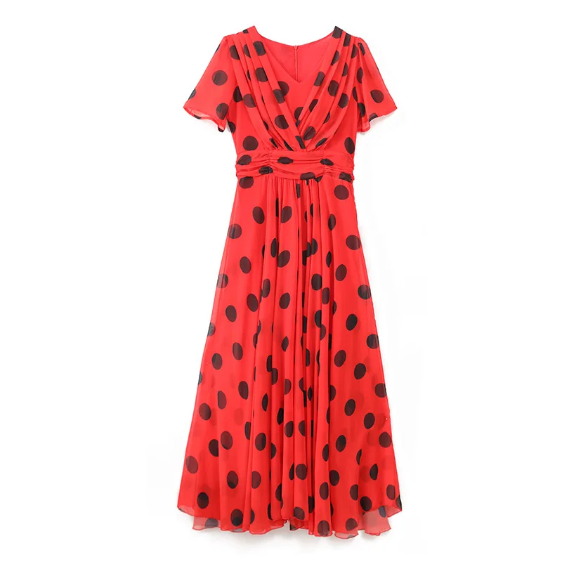 

Vintage print fashion long skirt wave point dress 2021 summer new big swing skirt green chiffon dress