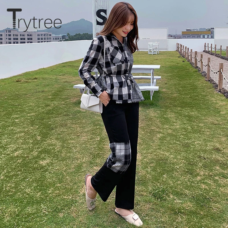 Женский офисный комплект Trytree повседневный Асимметричный клетчатый Топ с поясом