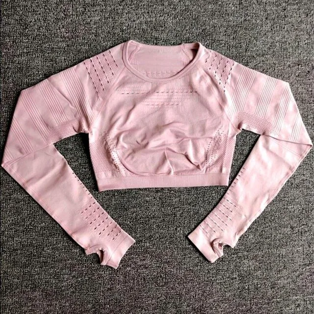 Pink tops Женский бесшовный набор для фитнеса с высокой талией, энергетический спортивный костюм, спортивные сетчатые леггинсы, рубашки, спортивный костюм с длинными рукавами, спортивные комплекты для бега - Цвет: Pink tops