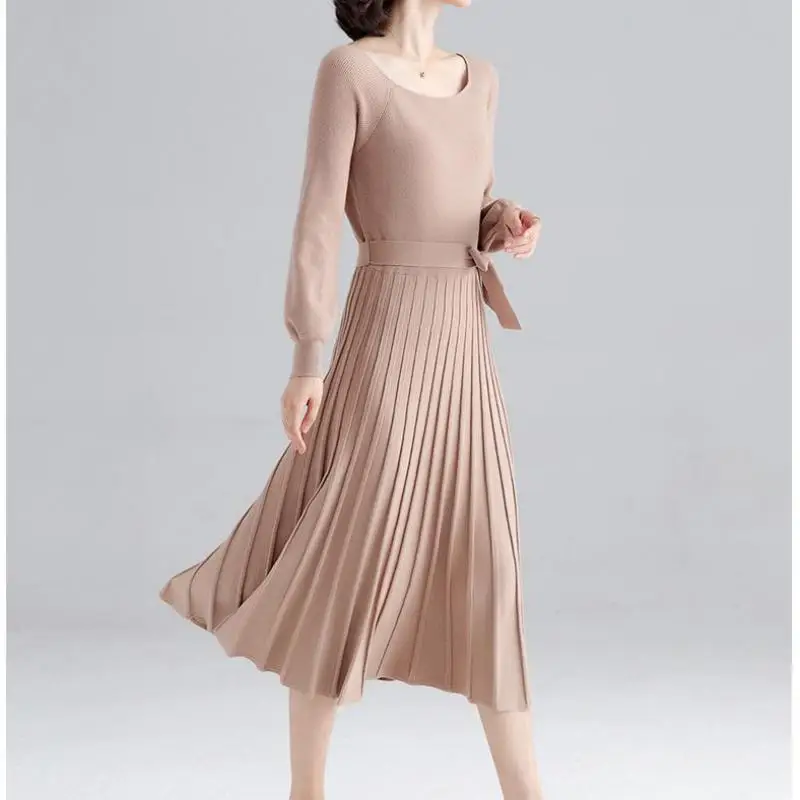 Осень зима 2019 модное трикотажное платье с круглым вырезом 4 однотонных цвета