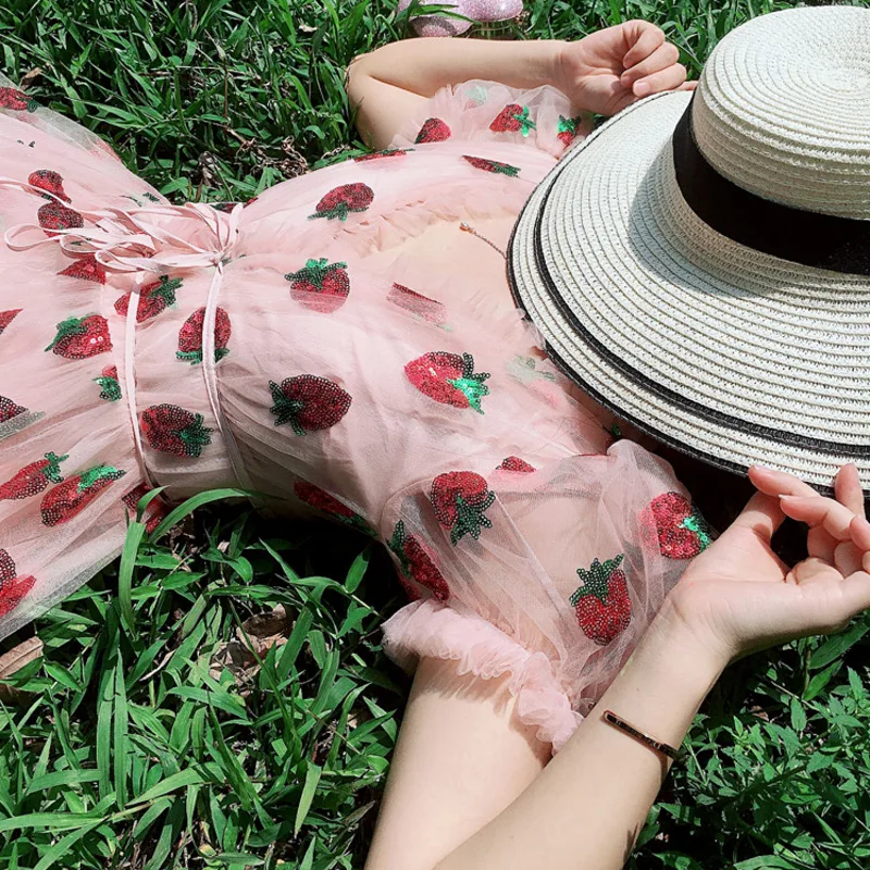 

Maxi Dresses For Women 2021 Summer Strawberry Dress Plus Size Mesh Robe Sexy Party Club Elegant Female Casual Dresses