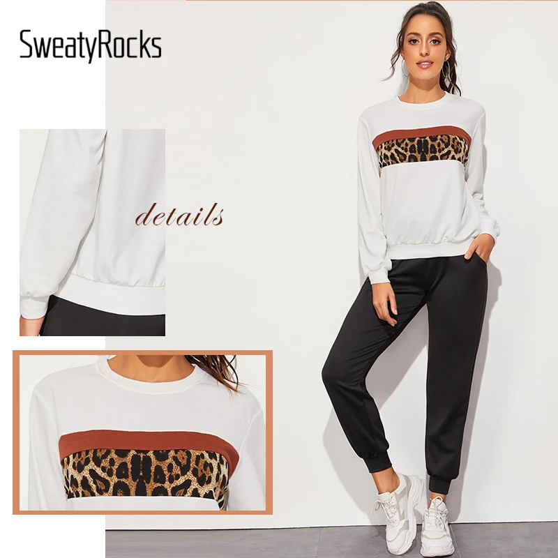 SweatyRocks белый леопардовый принт цветной пуловер Осенняя активная одежда толстовки основы Повседневная Толстовка для отдыха