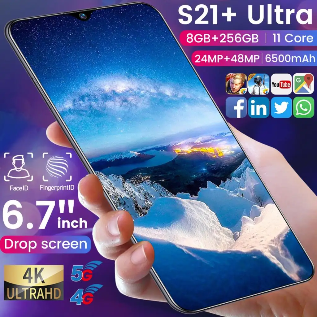 

New Arrival Galxy S21+Ultra 6.7 Inch 11 Core 5G Network Cell Phone 12GB 128/256GB 24MP+48MP Andriod 11 Smart Phone MTK6889 Blue