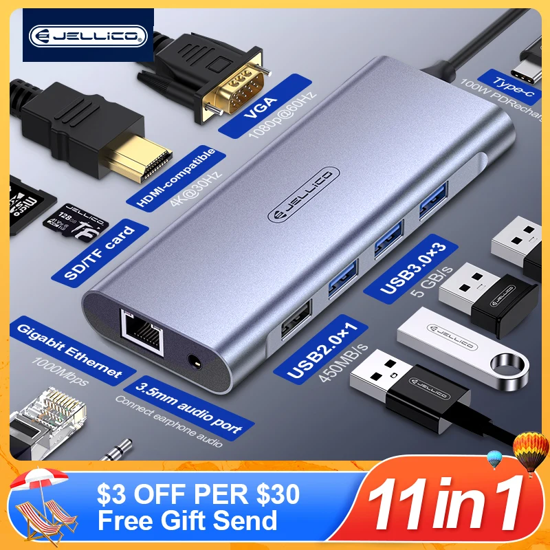 Концентратор Jellico 11 в 1 USB Type C до 4K HDMI адаптер 3 0 док-станция 5 для MacBook Pro Air