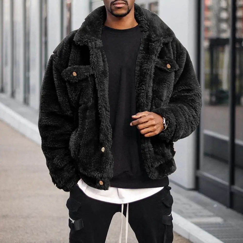 Winter Coat Solid Color Plush Simple Fluffy Men Jacket Hip-hop Style Winter Coat