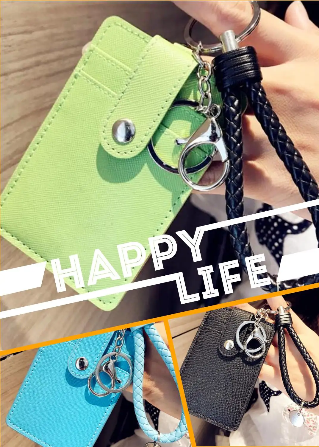 

Hot Sale Three-card Multi-bit Card Holder with Snap Button Bus Card ID Holder Bank Card Holder Keychain Soft Leather Card Holder