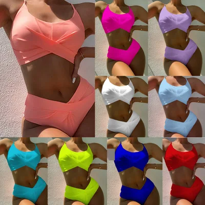 

Summer New Swimsuit Women Pure Color Sexy Bikini Suit Fashion Elegant High Waist Cross Split Beach Swimwear String Femme Sexy