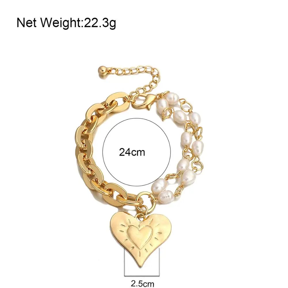 

Amorcome New Trendy Carved Heart Pendant Bracelets Gold Color Thick Link Simulated Pearl Chain Bracelets for Women Bijoux Femme