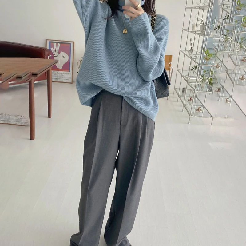 

Turtleneck Women soft knitted sweater Autumn Winter Pullovers Jumpers Female Korean Blue Loose Tops femme 2021 Wholesale