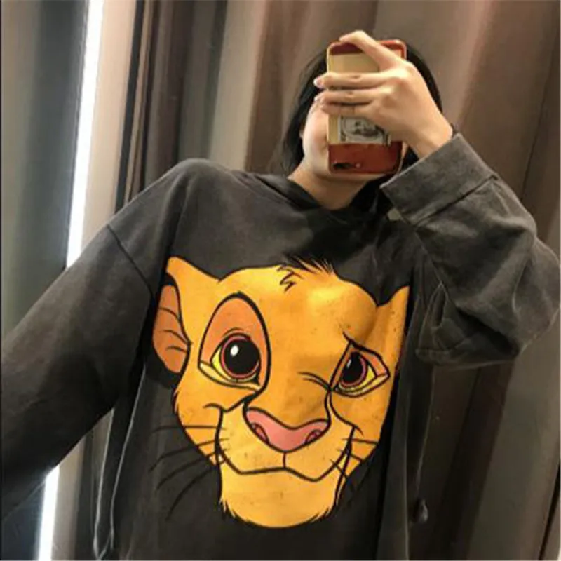 Модные свободные толстовки Kawaii, женские милые весенне-осенние Топы, Женские повседневные топы с рисунком льва, Милая футболка с длинным рукавом, женская футболка