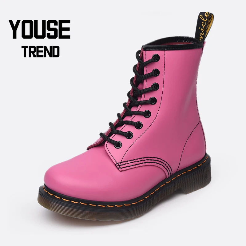 

Genuine Leather Women Winter Boots 8 Holes Pink Hard Leather Fashion Martin Boots British Style Flat Bottom Motorcycle Boots