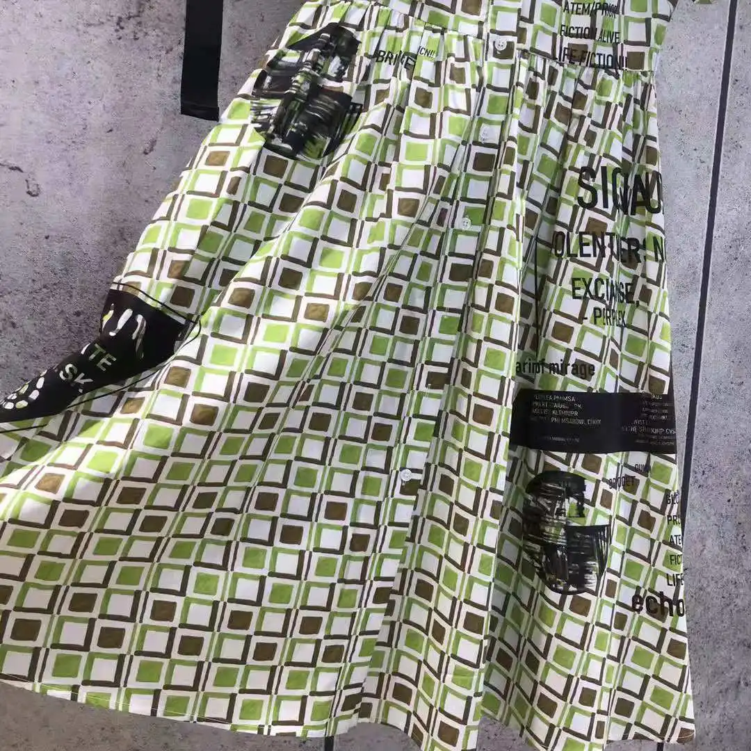 

AELESEEN Runway Fashion 100% Cotton Dress 2021 Spring Summer Elegant Plaid Letters Print Green Red Midi Party Holiday Dresses