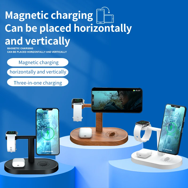 2021 new 15w magnetic 3 in 1 bamboo wood wireless charger station for mobile phone smart watch earplugs with aroma fast charger free global shipping