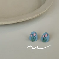 s925 silver needle tulip cream blue flower earrings gift to girlfriend unusual earrings flower earrings accessories for girls