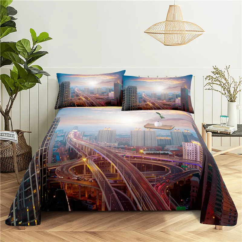 Постельное белье City Night Scene цифровой принт для дома Полиэстеровая простыня с