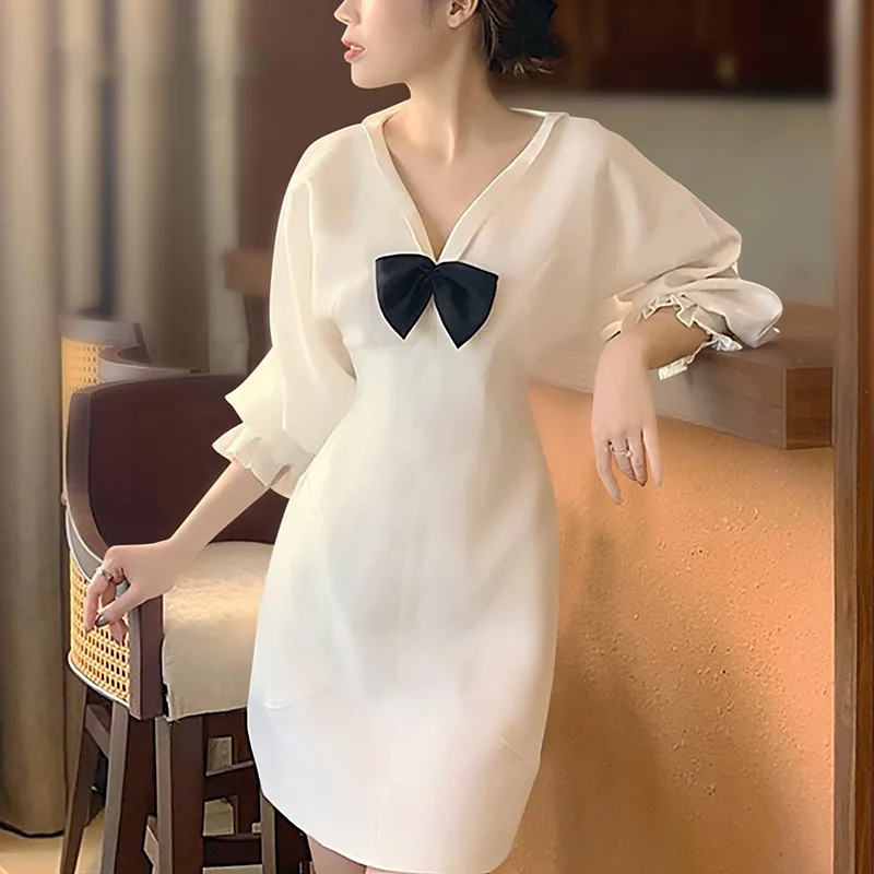 

Women's Dress Spring New V-neck Bow Five-point Sleeve Female Dress Fashionable Elegant Slim Ladies Dress Wedding Banquet Dress