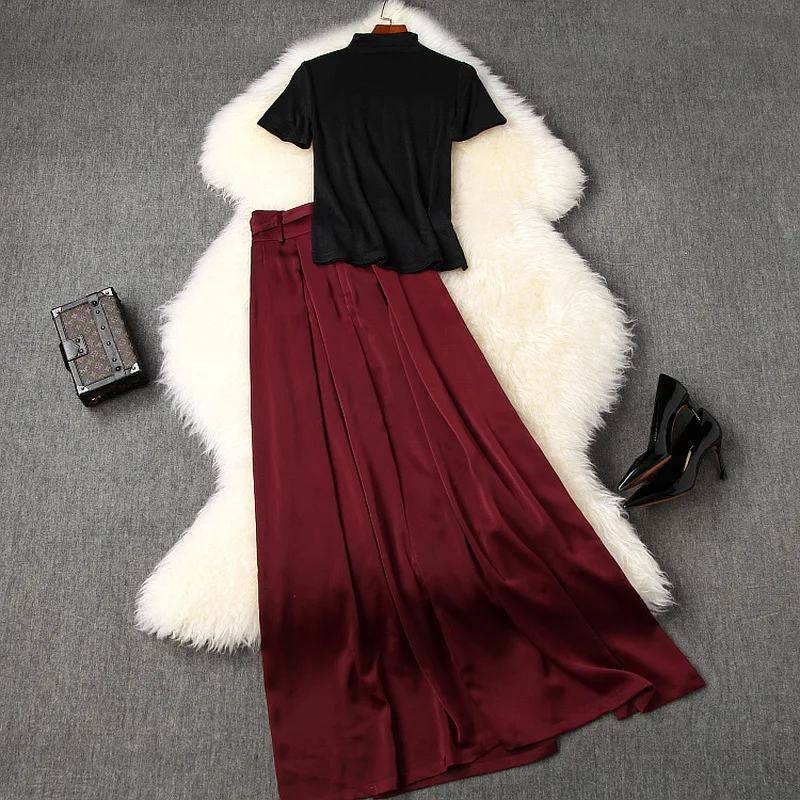

2020 Summer Hot Sale Suits & Sets Women Lurex Yarn Knitted Black Pullovers+Belted Wine Red Floor-Length Skirt Set Clothing 2pc