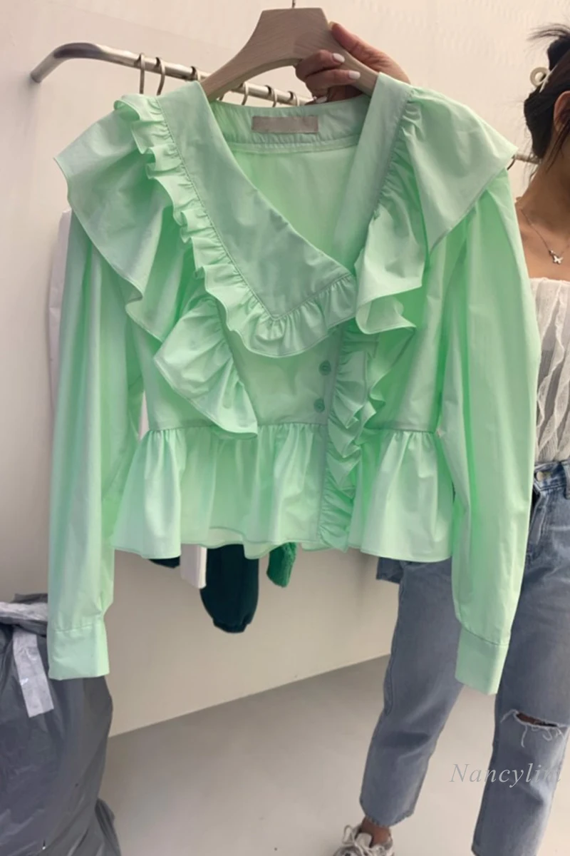 Chemisier court à manches longues pour femmes, nouvelle mode, col en v, volants irréguliers, haut de Style coréen, printemps et été, 2021