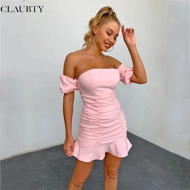 

Sexy Fold Stitching Ruffled Slim-Fit Top Dress High Waist Tight-Fitting Off Shoulder Puff Sleeve 2021 Summer Women's Clothing