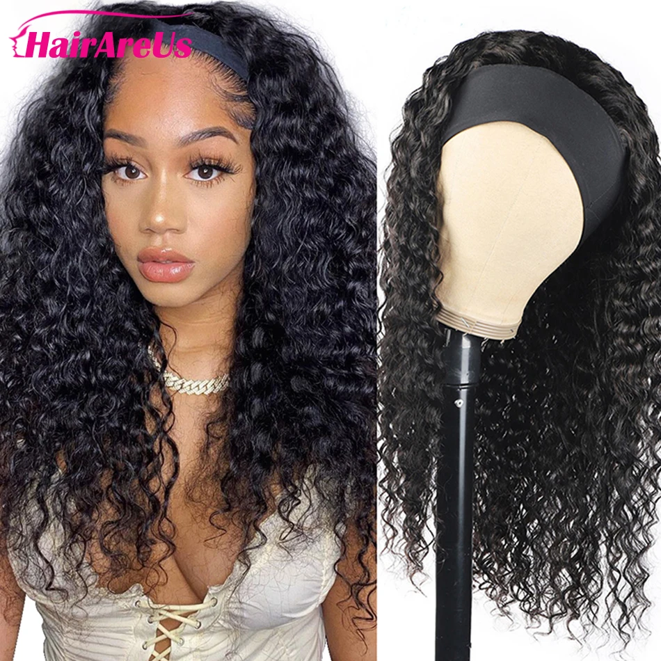 

Парик с головной повязкой Человеческие волосы Remy, парик из человеческих волос с глубокой волной, безклеевые бразильские парики для черных ж...