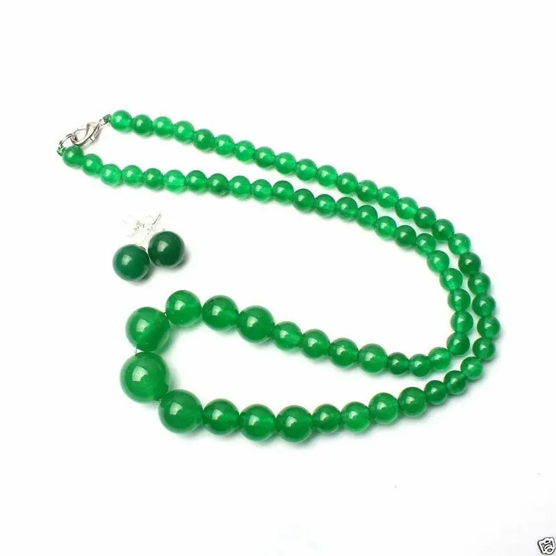 

beautiful 6-14mm Natural Green Jade Round Beads Necklace Earrings Set